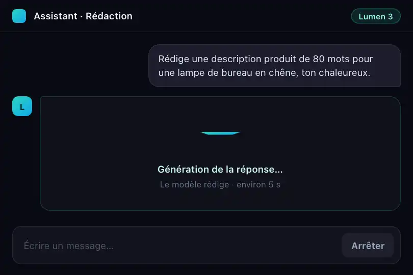 Génération de contenu IA — indicateur dans une zone de réponse — Cube Flip exemple 3