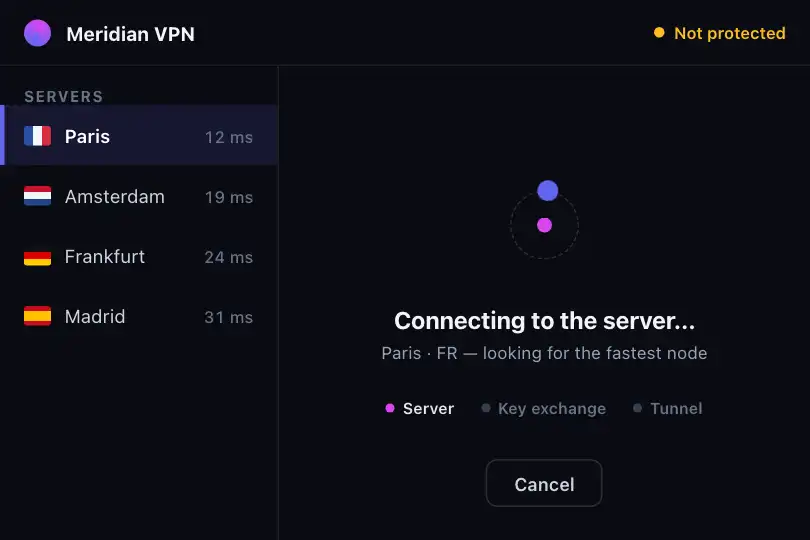 VPN app waiting screen: connecting to the server — Orbit example 1