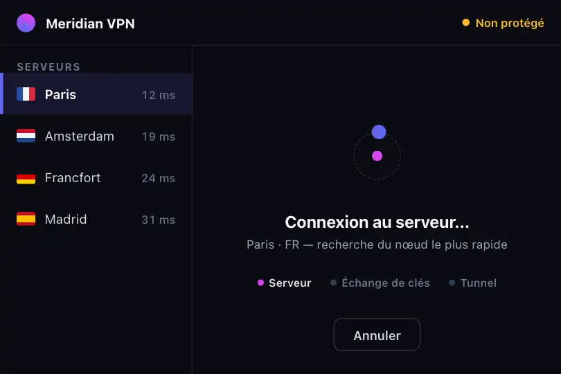 Écran d'attente d'une app VPN : connexion au serveur — Orbit exemple 1