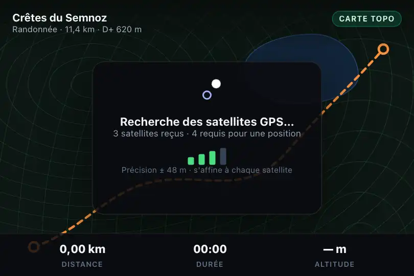 Acquisition du signal GPS dans une app de randonnée — Orbit exemple 3