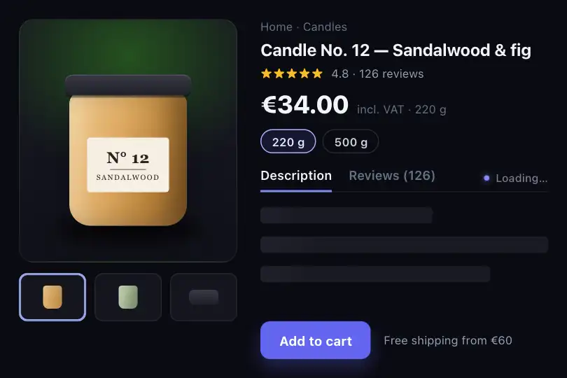 Product page — the description waits for the catalogue API, photo and price already shown — Skeleton Screen example 3