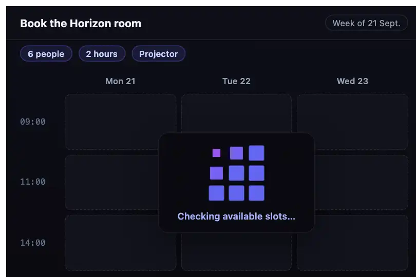 Booking calendar — searching for available slots — Cube Grid example 3