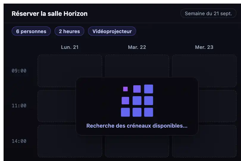Calendrier de réservation — recherche des créneaux disponibles — Cube Grid exemple 3