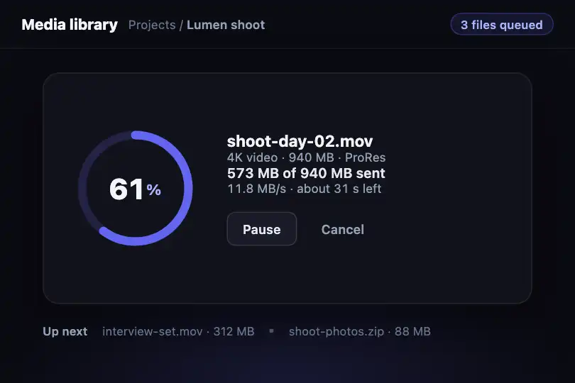 Uploading a video file — the percentage sits inside the arc — Circular Progress example 1