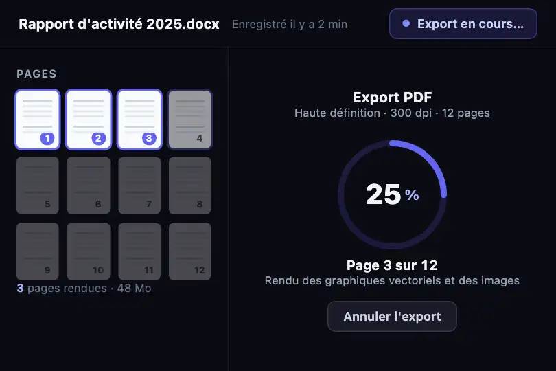 Export PDF d'un rapport de 12 pages — « Page 3 sur 12 » — Circular Progress exemple 2