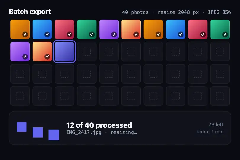 Processing a batch of photos — export in progress — Bouncing Squares example 1