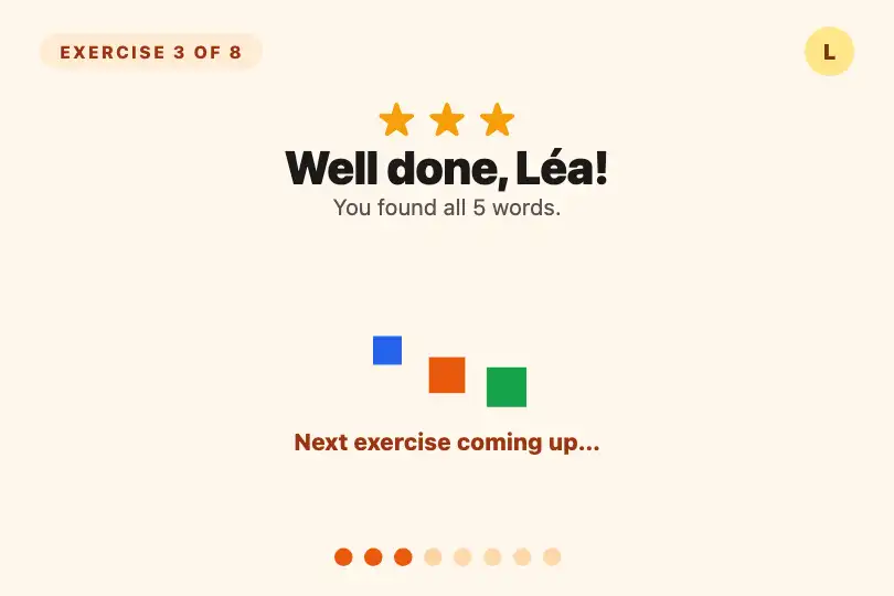 Children's learning app — between two exercises — Bouncing Squares example 2