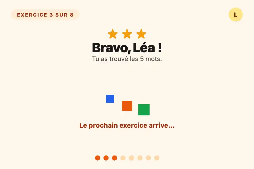 Application éducative pour enfants — entre deux exercices — Bouncing Squares exemple 2