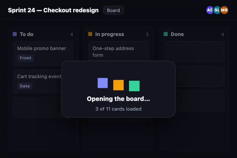 Kanban board opening — the columns fill up — Bouncing Squares example 3