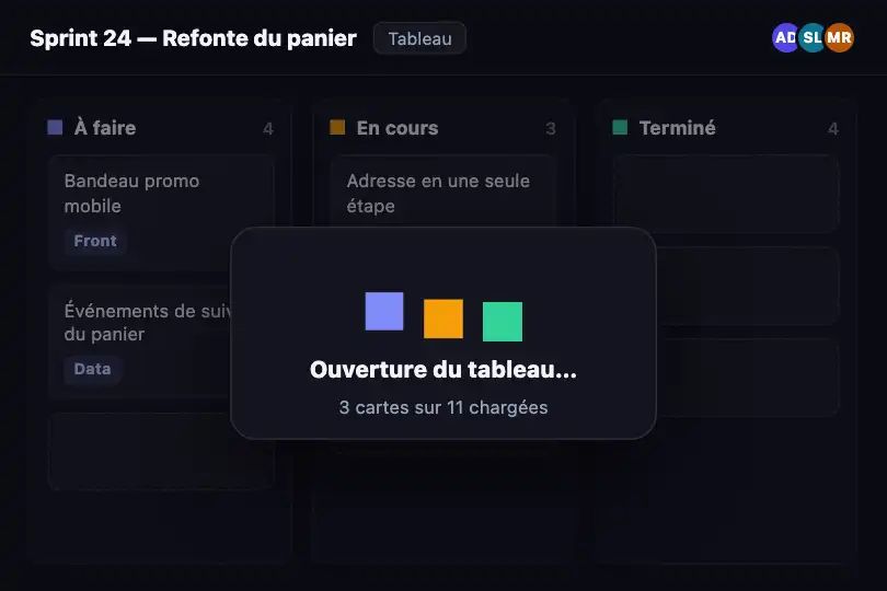 Tableau kanban à l'ouverture — les colonnes se remplissent — Bouncing Squares exemple 3