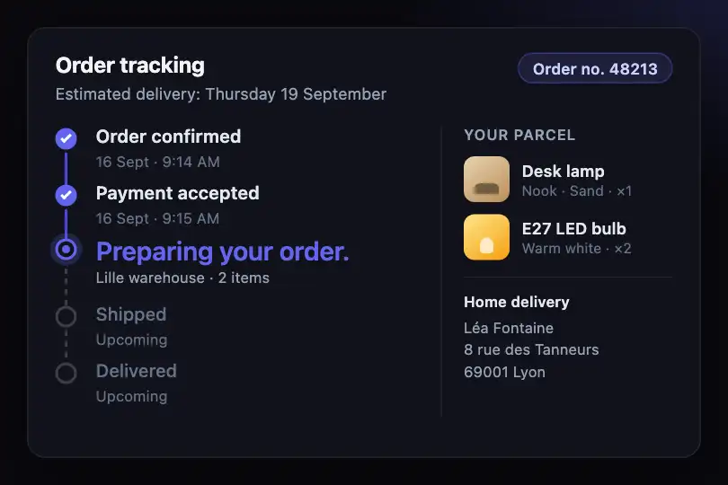 Order tracking — the active step says what you are waiting for — Text Loading example 2