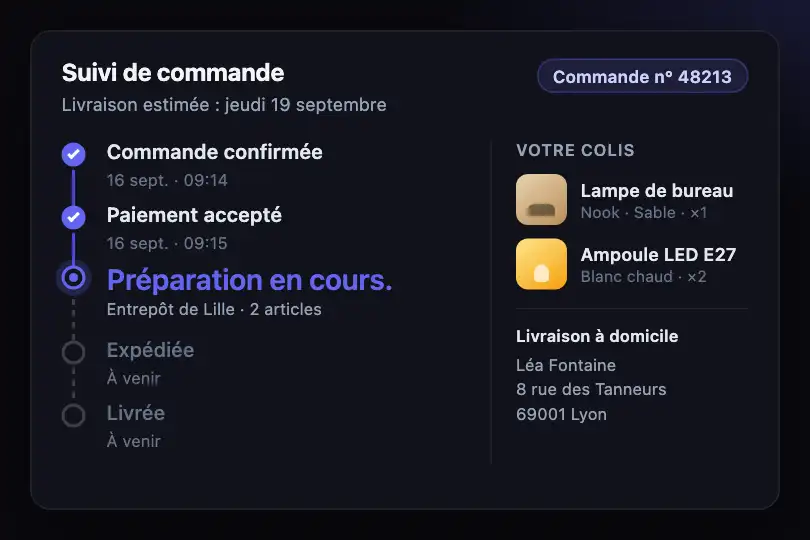 Suivi de commande — l'étape active dit ce qu'on attend — Text Loading exemple 2