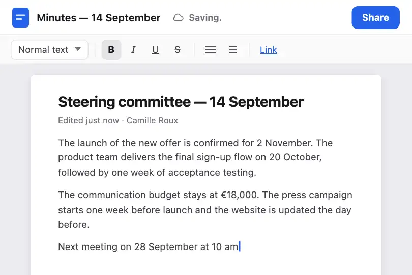Editor toolbar — discreet save indicator — Text Loading example 3