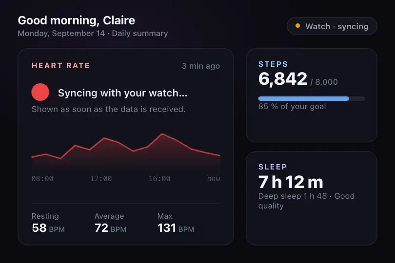 Health app — "Heart Rate" card awaiting sync — Heartbeat example 1