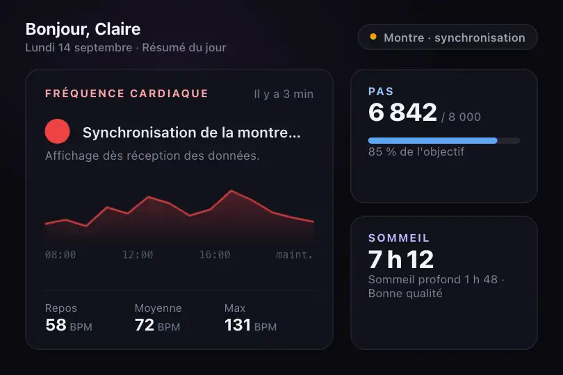 Application médicale — carte « Fréquence cardiaque » en attente de synchronisation — Heartbeat exemple 1