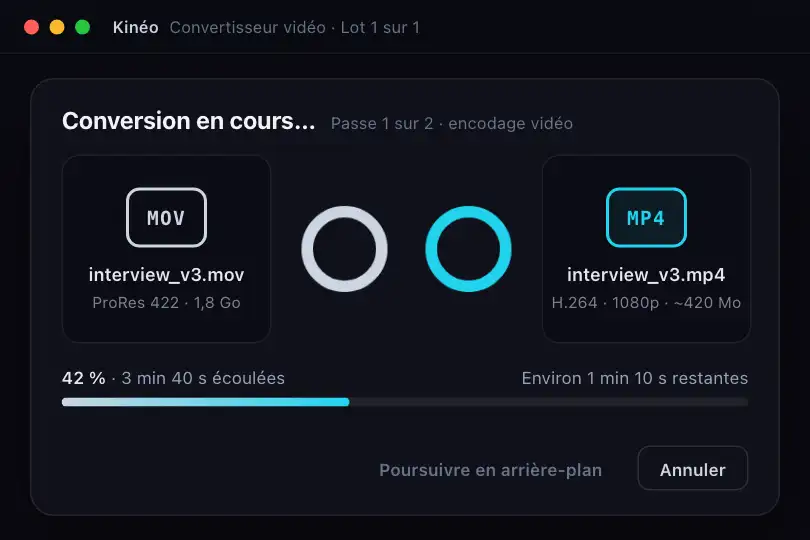 Conversion d'une vidéo MOV → MP4 — la boucle relie le format d'entrée au format de sortie — Infinity Loop exemple 2