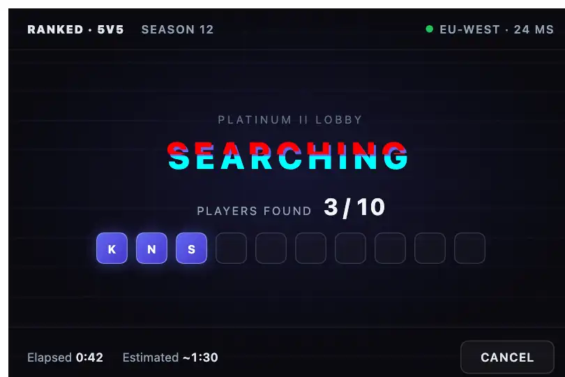 Online game matchmaking — “SEARCHING” at the centre of the lobby — Glitch Text example 1