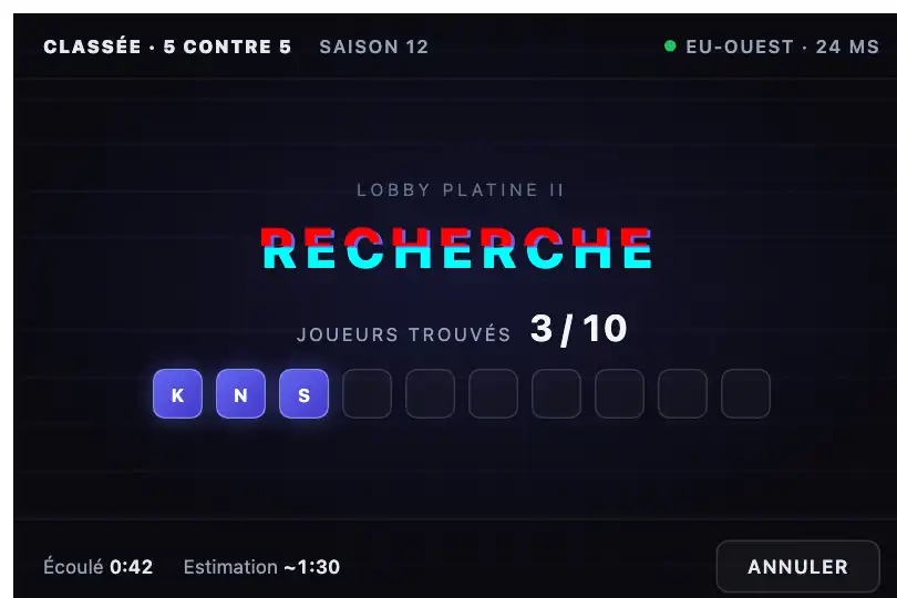 Matchmaking d'un jeu en ligne — « RECHERCHE » au centre du lobby — Glitch Text exemple 1