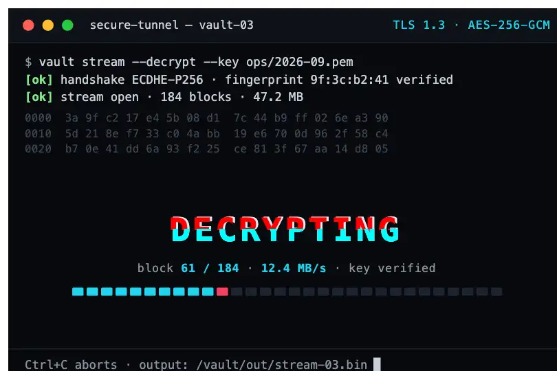 Security terminal — “DECRYPTING” a live stream — Glitch Text example 3