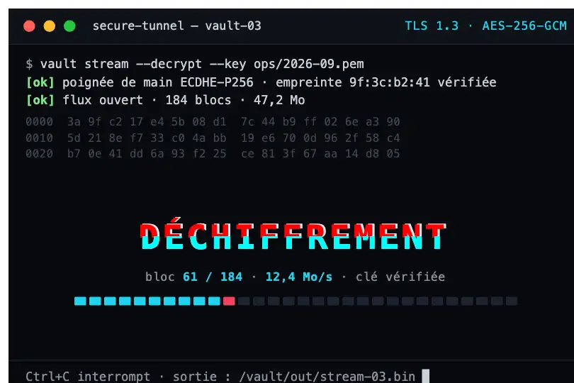 Terminal de sécurité — « DÉCHIFFREMENT » d'un flux en cours — Glitch Text exemple 3