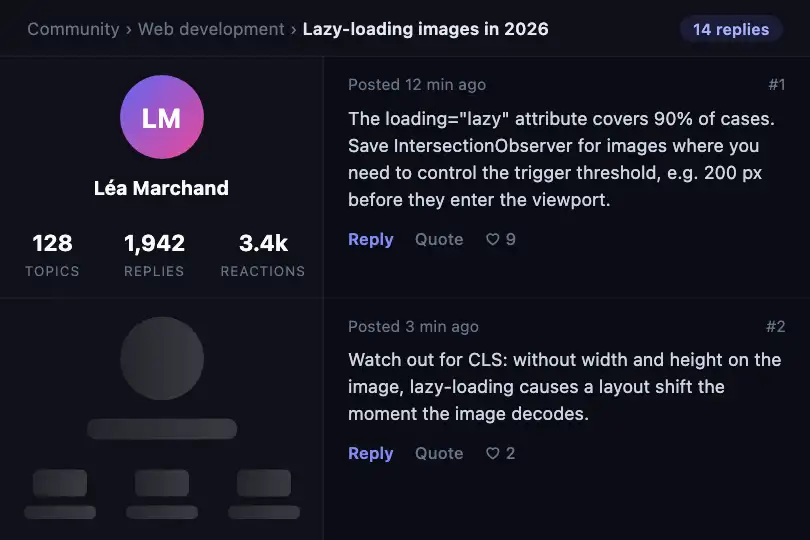 Forum or community — author card on a message thread — Profile Skeleton example 2