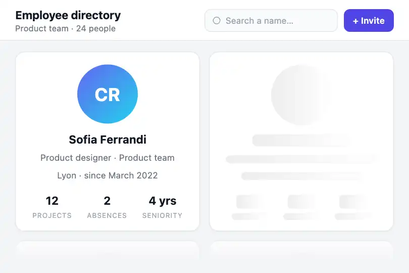 HR dashboard — employee card with deferred loading — Profile Skeleton example 3