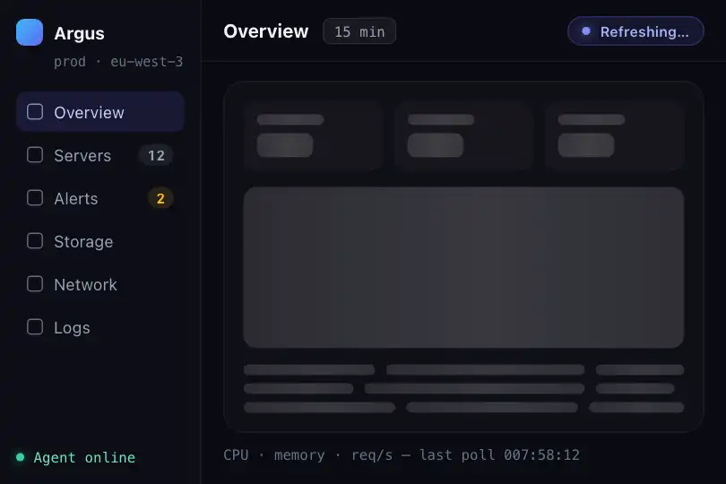 Infrastructure monitoring dashboard — overview screen of a server monitoring app — Dashboard Skeleton example 1