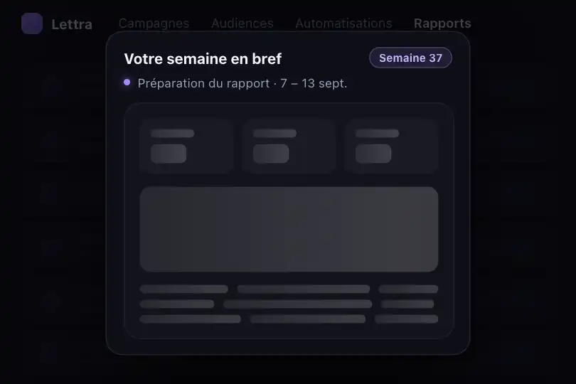 Rapport hebdomadaire SaaS — résumé affiché à la connexion — Dashboard Skeleton exemple 3