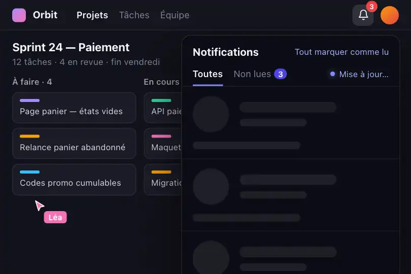 Panneau de notifications qui se déroule — rangées en attente — Pulse Loading exemple 3