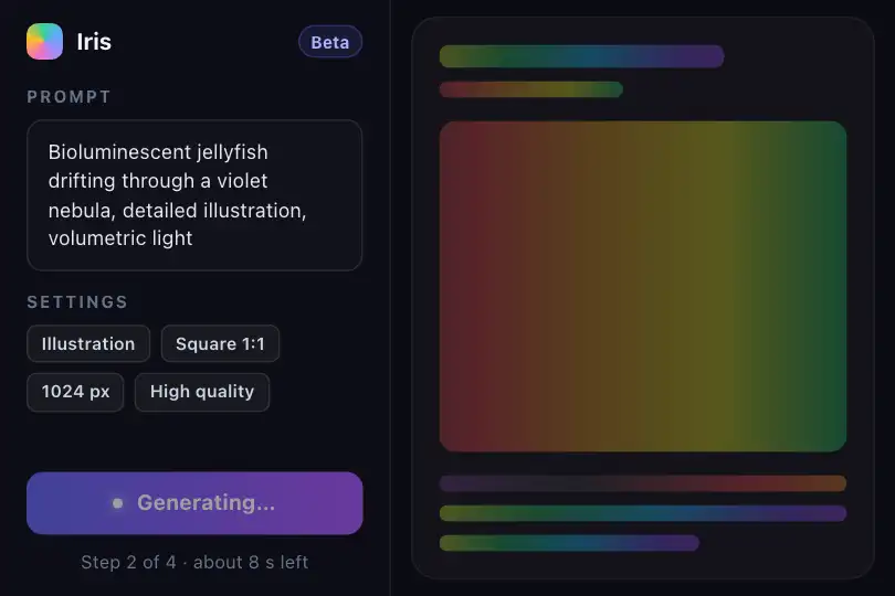 Image generation in progress — AI interface — Rainbow Shimmer example 1