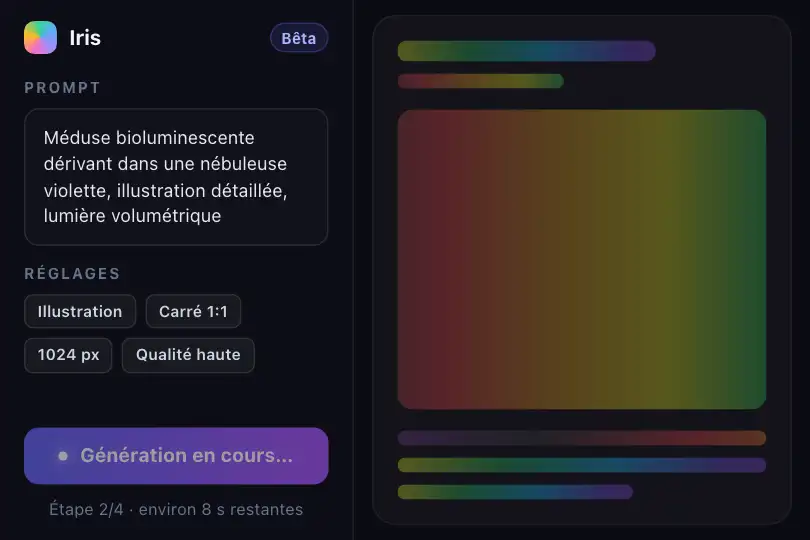 Génération d'image en cours — interface IA — Rainbow Shimmer exemple 1