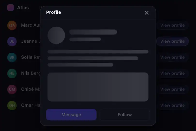Profile preview — card loaded on modal open — Skeleton to Content example 3