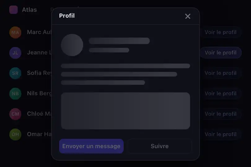 Aperçu de profil — carte chargée à l'ouverture d'une modale — Skeleton to Content exemple 3