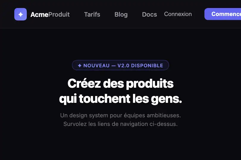 Navigation principale — Header de site sombre — Underline Slide exemple 1