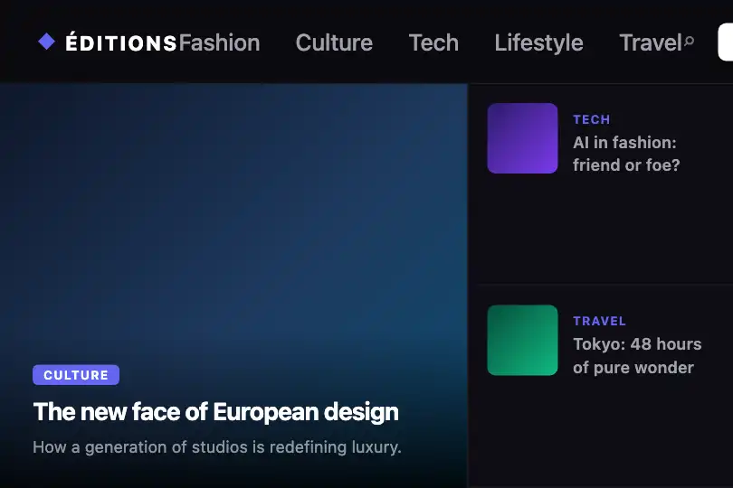 Editorial mega-menu — Premium press & e-commerce header — Underline Slide example 3