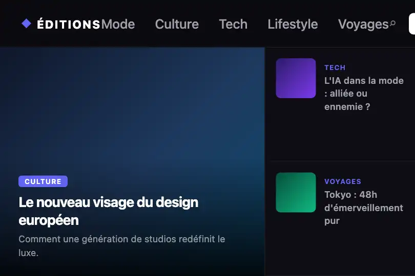 Mega-menu éditorial — Header presse & e-commerce premium — Underline Slide exemple 3