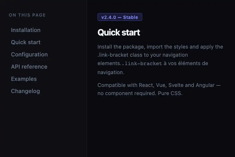Documentation table of contents — Internal navigation links — Bracket Hover example 2