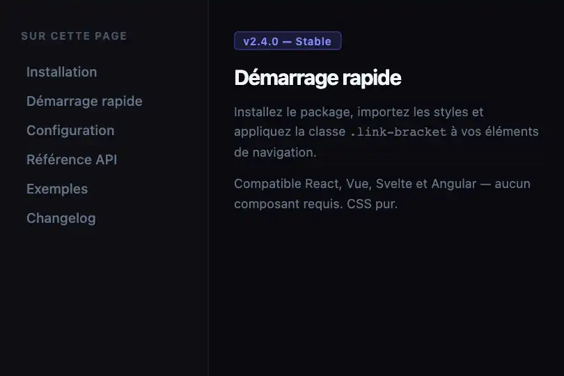 Sommaire de documentation — Liens de navigation interne — Bracket Hover exemple 2