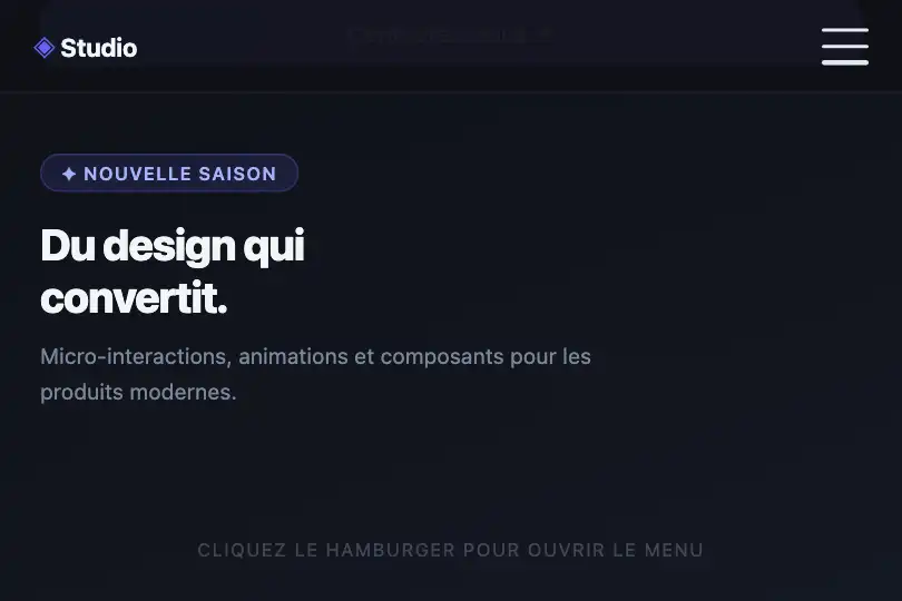 Header mobile — Menu de navigation responsive — Hamburger Menu exemple 1