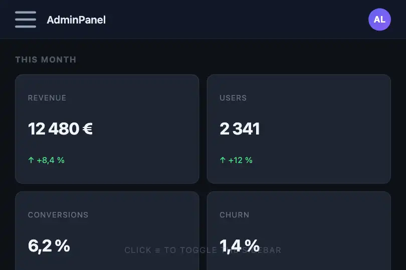 Side panel — Admin dashboard — Hamburger Menu example 2