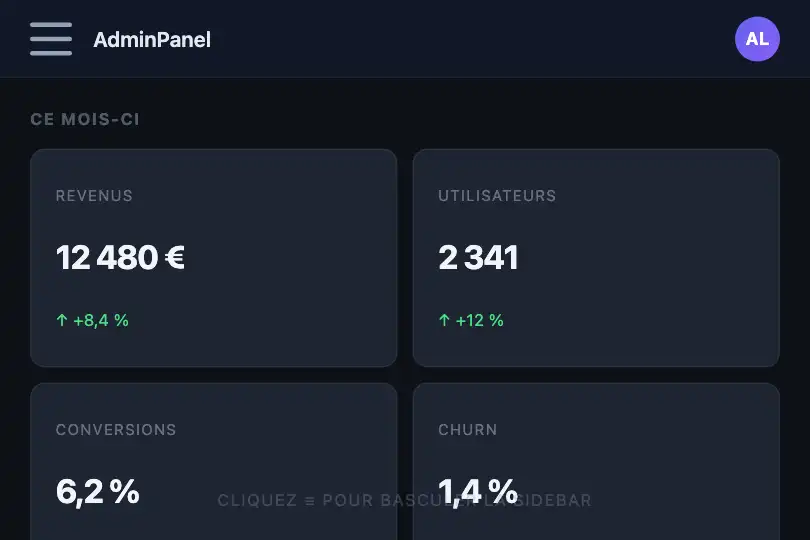 Panneau latéral — Dashboard d'administration — Hamburger Menu exemple 2