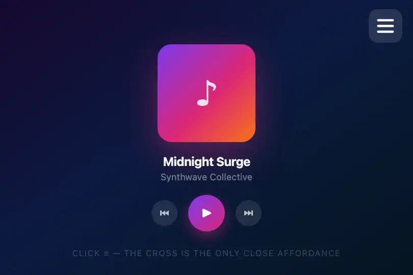 Mobile audio player — Settings overlay button — Hamburger Menu example 3