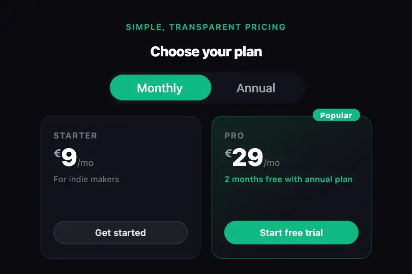 Pricing plan toggle — Monthly / Annual — Pill Indicator example 3