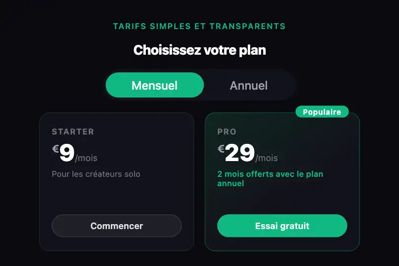 Toggle de plan tarifaire — Mensuel / Annuel — Pill Indicator exemple 3