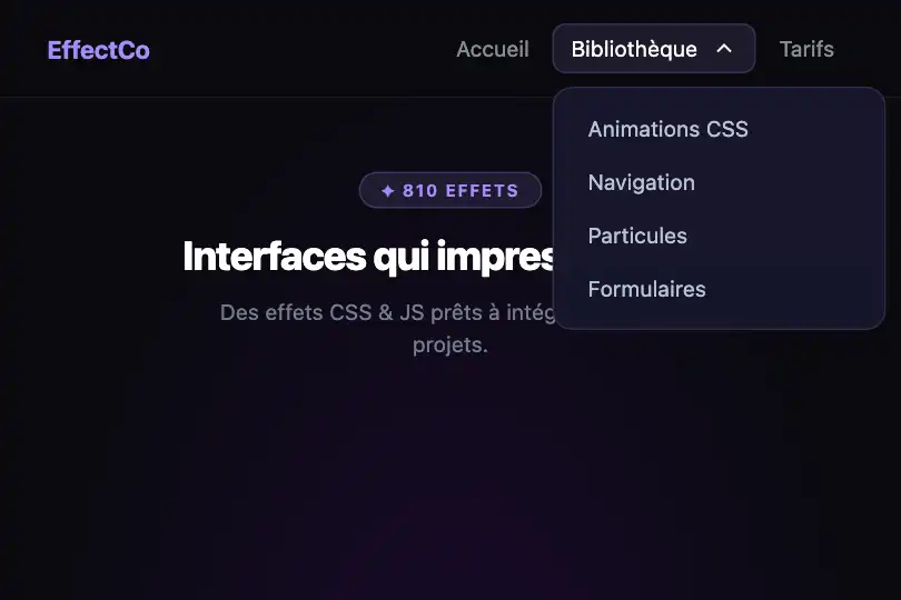 Navigation desktop — Sous-menu catégories de produits — Dropdown Reveal exemple 1