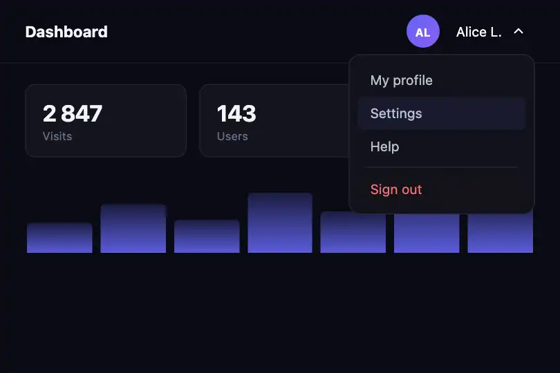 App header — User account menu — Dropdown Reveal example 3
