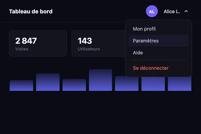App header — Menu de compte utilisateur — Dropdown Reveal exemple 3