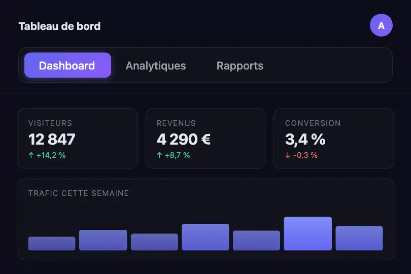 Navigation principale d'application — Dashboard SaaS — Tab Slider exemple 1