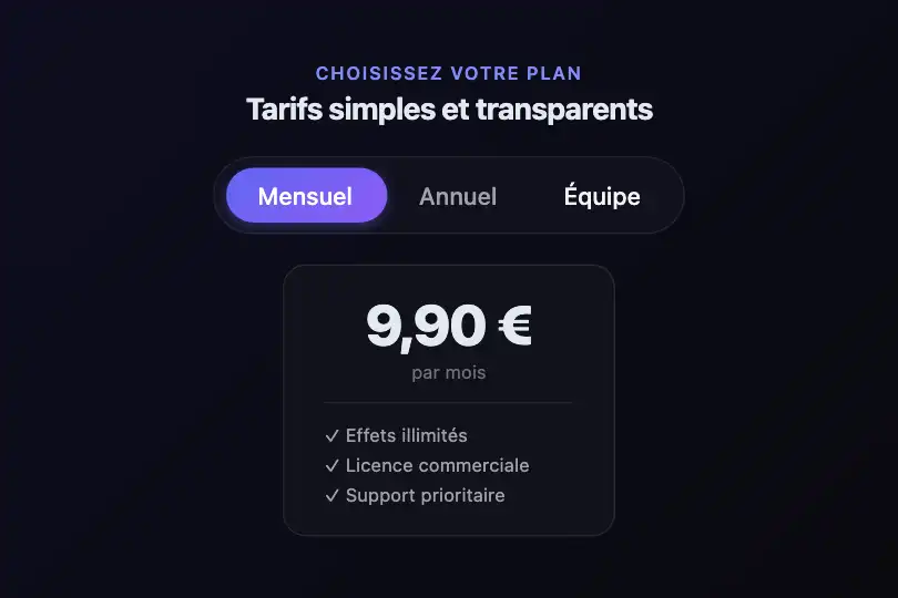 Sélecteur de période tarifaire — Mensuel / Annuel / Équipe — Tab Slider exemple 2