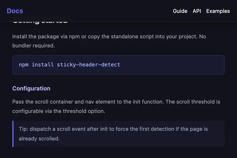 Documentation site — Header that gains prominence as you read — Sticky Header Detection example 2